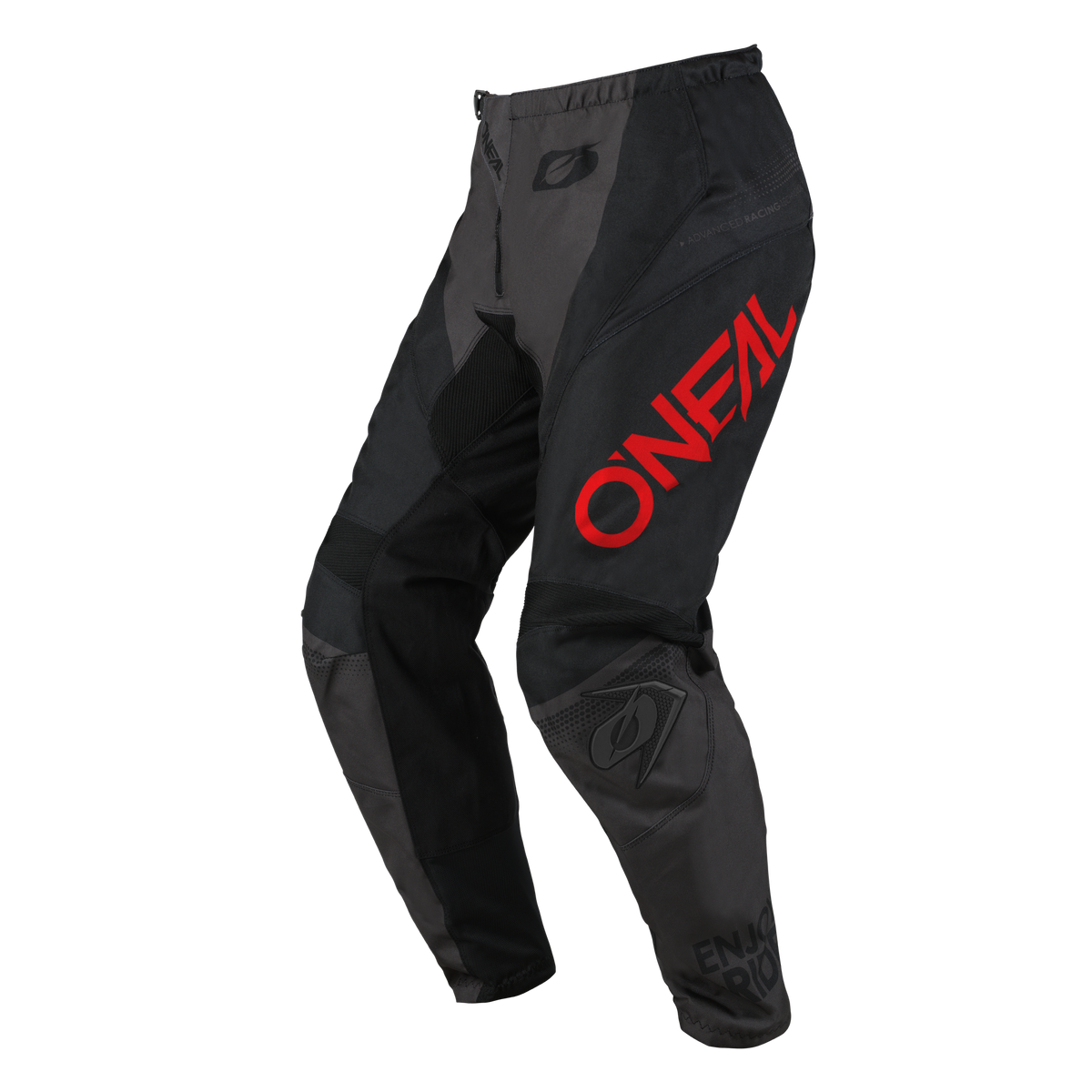 Ein Paar O'NEAL ELEMENT Hose RACEWEAR in Schwarz und Grau, mit rotem „ONEAL“-Branding am oberen linken Oberschenkel und zusätzlichen stilisierten Logos am Knie und am Hosenbund. Diese für den Motorsport konzipierten Hosen bieten verstärkte Einsätze für optimale Haltbarkeit und Schutz und sorgen so für Komfort und Schutz.