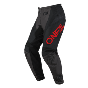 Ein Paar O'NEAL ELEMENT Hose RACEWEAR in Schwarz und Grau, mit rotem „ONEAL“-Branding am oberen linken Oberschenkel und zusätzlichen stilisierten Logos am Knie und am Hosenbund. Diese für den Motorsport konzipierten Hosen bieten verstärkte Einsätze für optimale Haltbarkeit und Schutz und sorgen so für Komfort und Schutz.