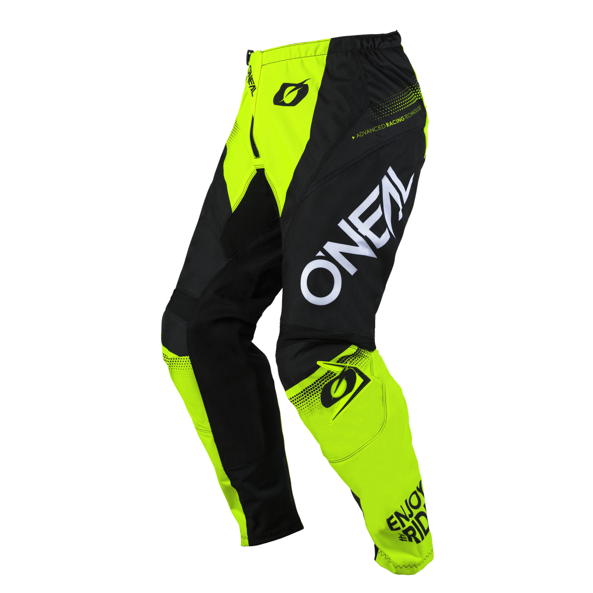 Ein Paar O'NEAL ELEMENT Hose RACEWEAR-Hosen in Neongelb und Schwarz, die das O'NEAL-Markenlogo auf dem rechten Oberschenkel und dem linken Kniebereich deutlich sichtbar zeigen. Das Design zeichnet sich durch fettgedruckten Text und komplizierte Nähmuster aus und bietet sowohl Komfort als auch Schutz für gut sichtbares Offroad-Motorsportfahren.
