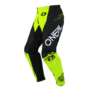 Ein Paar O'NEAL ELEMENT Hose RACEWEAR-Hosen in Neongelb und Schwarz, die das O'NEAL-Markenlogo auf dem rechten Oberschenkel und dem linken Kniebereich deutlich sichtbar zeigen. Das Design zeichnet sich durch fettgedruckten Text und komplizierte Nähmuster aus und bietet sowohl Komfort als auch Schutz für gut sichtbares Offroad-Motorsportfahren.