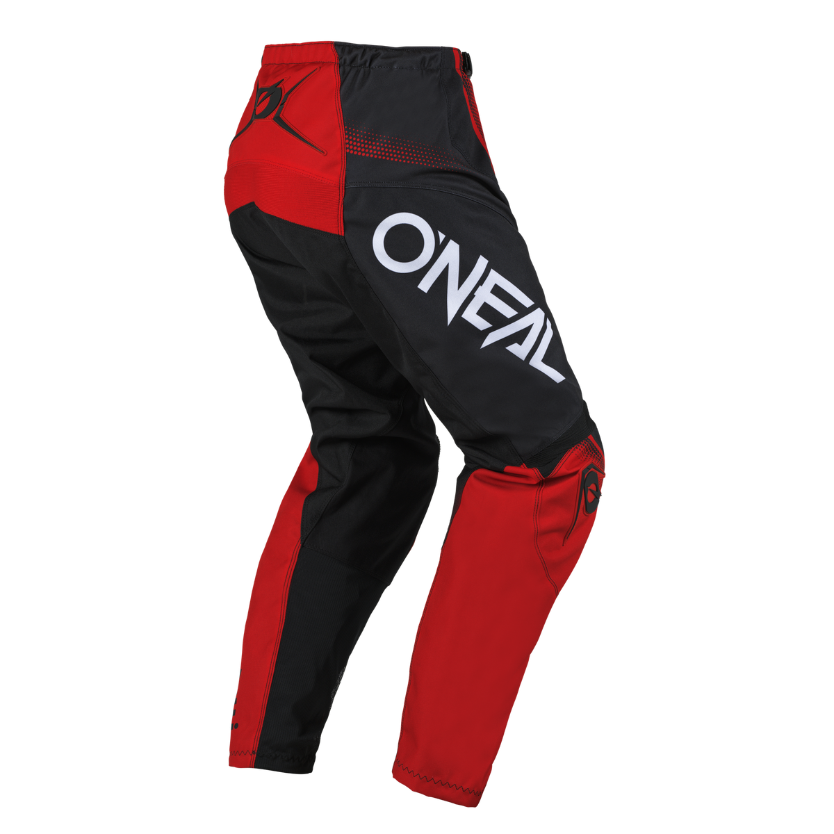 Die rot-schwarze O'NEAL ELEMENT Hose RACEWEAR trägt das Wort „ONEAL“ in großen weißen Buchstaben auf der Seite. Diese für Motocross oder Offroad-Biken konzipierte Hose verfügt über Polsterung und Mesh-Einsätze und bietet sowohl Komfort als auch Schutz für jeden Motorsport-Enthusiasten.
