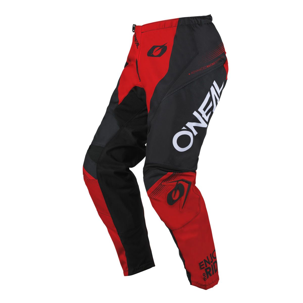 Ein Paar O'NEAL ELEMENT Hose RACEWEAR-Hosen in Rot und Schwarz, mit dem O'Neal-Logo deutlich sichtbar am oberen Oberschenkel und dem Text „Enjoy the Ride“ am unteren Bein. Diese Motorsporthose bietet Komfort und Schutz mit verstärkten Nähten und gepolsterten Bereichen für zusätzlichen Schutz.