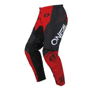 Ein Paar O'NEAL ELEMENT Hose RACEWEAR-Hosen in Rot und Schwarz, mit dem O'Neal-Logo deutlich sichtbar am oberen Oberschenkel und dem Text „Enjoy the Ride“ am unteren Bein. Diese Motorsporthose bietet Komfort und Schutz mit verstärkten Nähten und gepolsterten Bereichen für zusätzlichen Schutz.