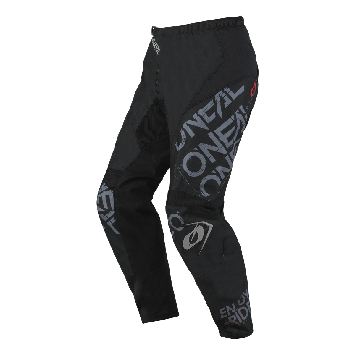 Eine schwarze O'NEAL ELEMENT Hose STATIC mit grauem Text und Logos, mit dem Markennamen „O'NEAL“ auf dem linken Bein und „ENDURO RIDE“ auf dem rechten Unterschenkel. Diese für Motorsportbegeisterte entworfene Hose verfügt über verstärkte Kniebereiche und einen elastischen Bund für optimalen Komfort und Schutz.