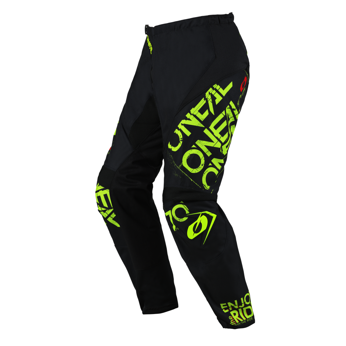 Ein Paar schwarze O'NEAL ELEMENT Hose STATIC mit neongelbem und weißem Branding von O'Neal. Diese Hose ist mit auffälligen O'Neal-Logos und -Grafiken gestaltet und bietet einen sportlichen und gut sichtbaren Look, der sich für Offroad- oder Motocross-Fahren eignet und allen Motorsportbegeisterten Komfort und Schutz bietet.