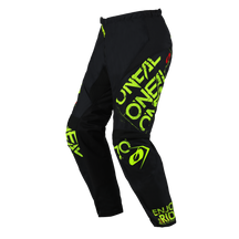 Ein Paar schwarze O'NEAL ELEMENT Hose STATIC mit neongelbem und weißem Branding von O'Neal. Diese Hose ist mit auffälligen O'Neal-Logos und -Grafiken gestaltet und bietet einen sportlichen und gut sichtbaren Look, der sich für Offroad- oder Motocross-Fahren eignet und allen Motorsportbegeisterten Komfort und Schutz bietet.