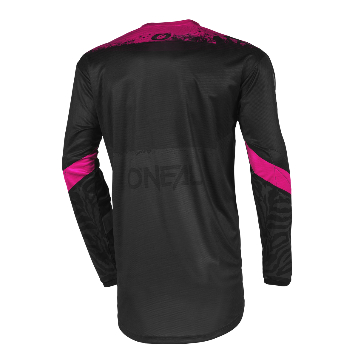 Das O'NEAL ELEMENT Women’s Jersey SHOCKER ist ein schwarzes Langarm-Motocross-Trikot mit pinken Akzenten an Oberarmen und Schultern. Die Rückseite zeigt den Markennamen „O'NEAL“ in schwacher schwarzer Schrift und verfügt über ein dezentes Zebramuster an den Ärmeln, das sowohl Style als auch Tragekomfort bietet.
