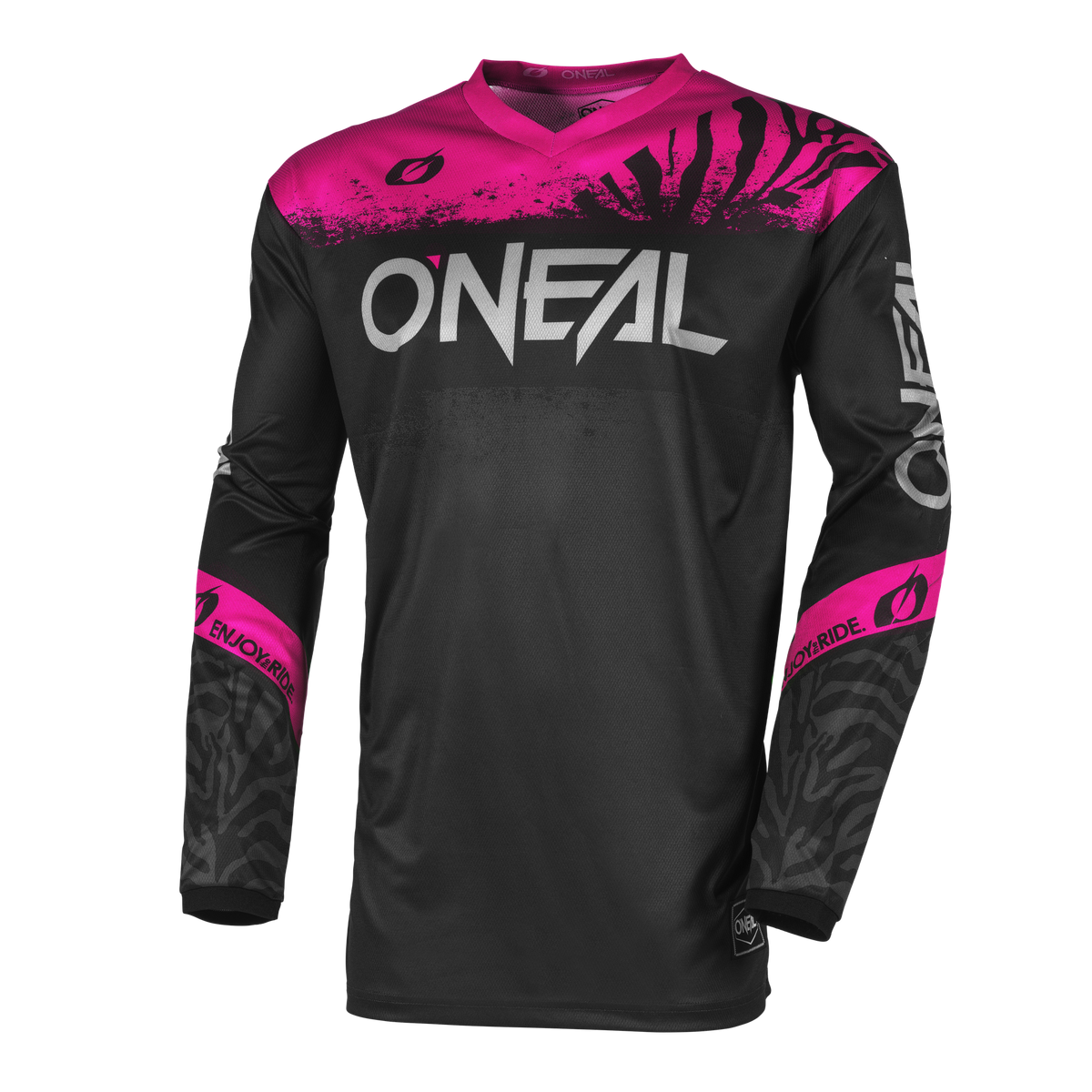 Das O'NEAL ELEMENT Women’s Jersey SHOCKER ist ein schwarzes Langarmtrikot mit kräftigen rosa Akzenten. Auf der Brust prangt prominent der Markenname „O'NEAL“ in großen weißen Buchstaben, während die Ärmel einen Mix aus rosa und schwarzen Designs aufweisen, zusammen mit dem Logo der Marke und dem Satz „ENJOY RIDE“ in Pink, was für maximalen Komfort sorgt.