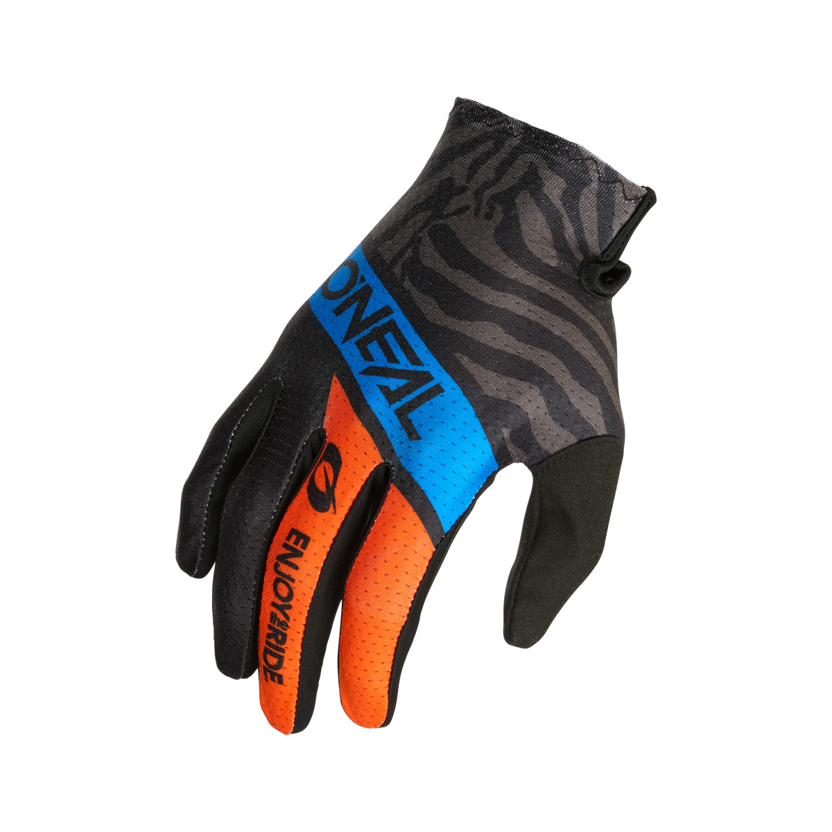 Ein einzelner O'NEAL MATRIX Handschuh SHOCKER-Fahrradhandschuh mit Zebramuster auf der Rückseite. Der Handschuh hat schwarze und orangefarbene Finger, einen blauen Streifen mit dem Text „ONEAL“ und eine orangefarbene belüftete Handfläche mit „ENJOYRIDE“. Auf der Handfläche befindet sich außerdem ein kleines Logo, das an ein Kettenglied erinnert.