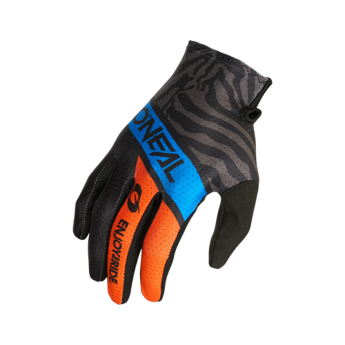 Ein einzelner O'NEAL MATRIX Handschuh SHOCKER-Fahrradhandschuh mit Zebramuster auf der Rückseite. Der Handschuh hat schwarze und orangefarbene Finger, einen blauen Streifen mit dem Text „ONEAL“ und eine orangefarbene belüftete Handfläche mit „ENJOYRIDE“. Auf der Handfläche befindet sich außerdem ein kleines Logo, das an ein Kettenglied erinnert.