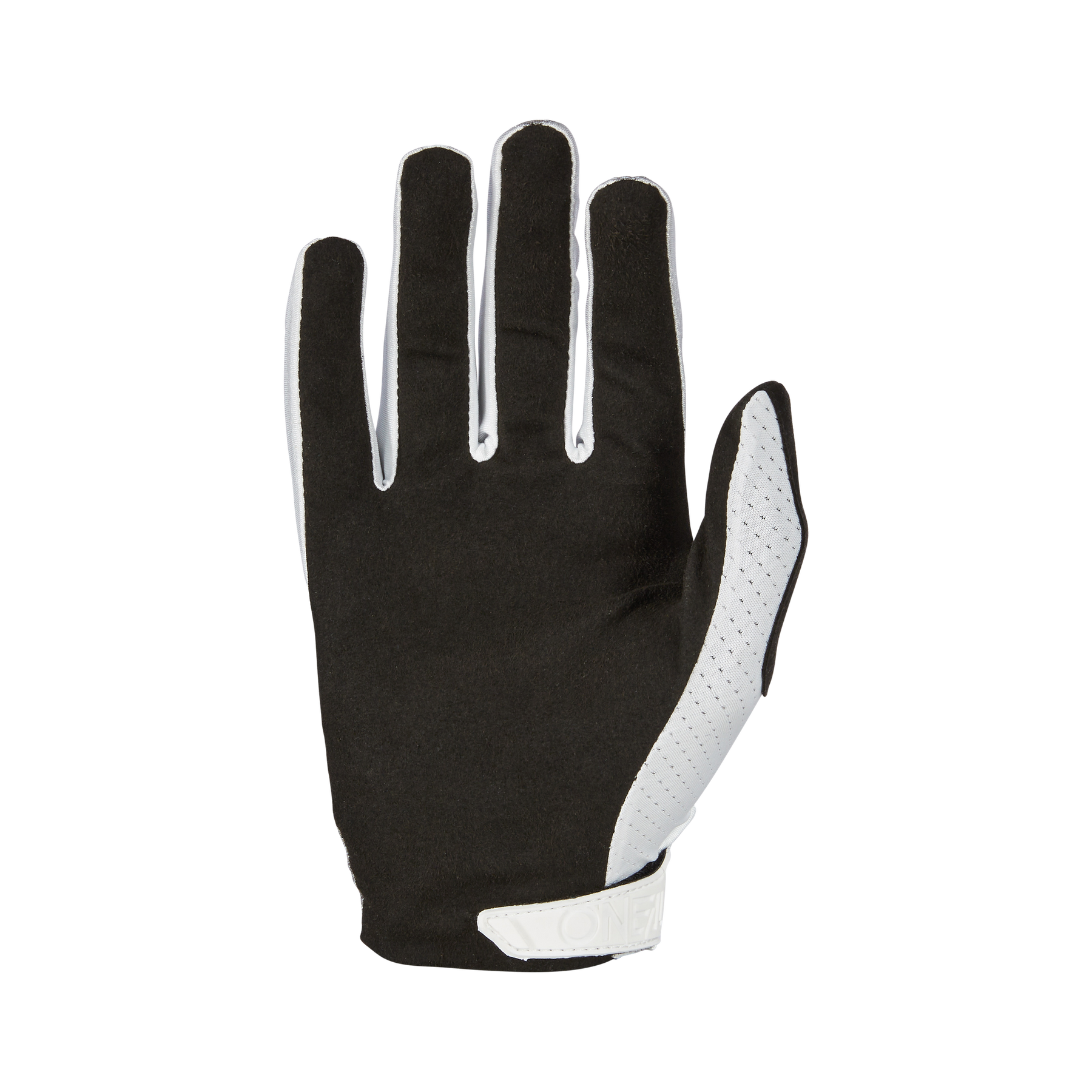 Ein schwarzer O'NEAL MATRIX Handschuh SPLIT von O'NEAL mit weißer Zierleiste an der Seite und am Handgelenk wird mit der Handfläche nach unten vor einem schlichten schwarzen Hintergrund präsentiert.