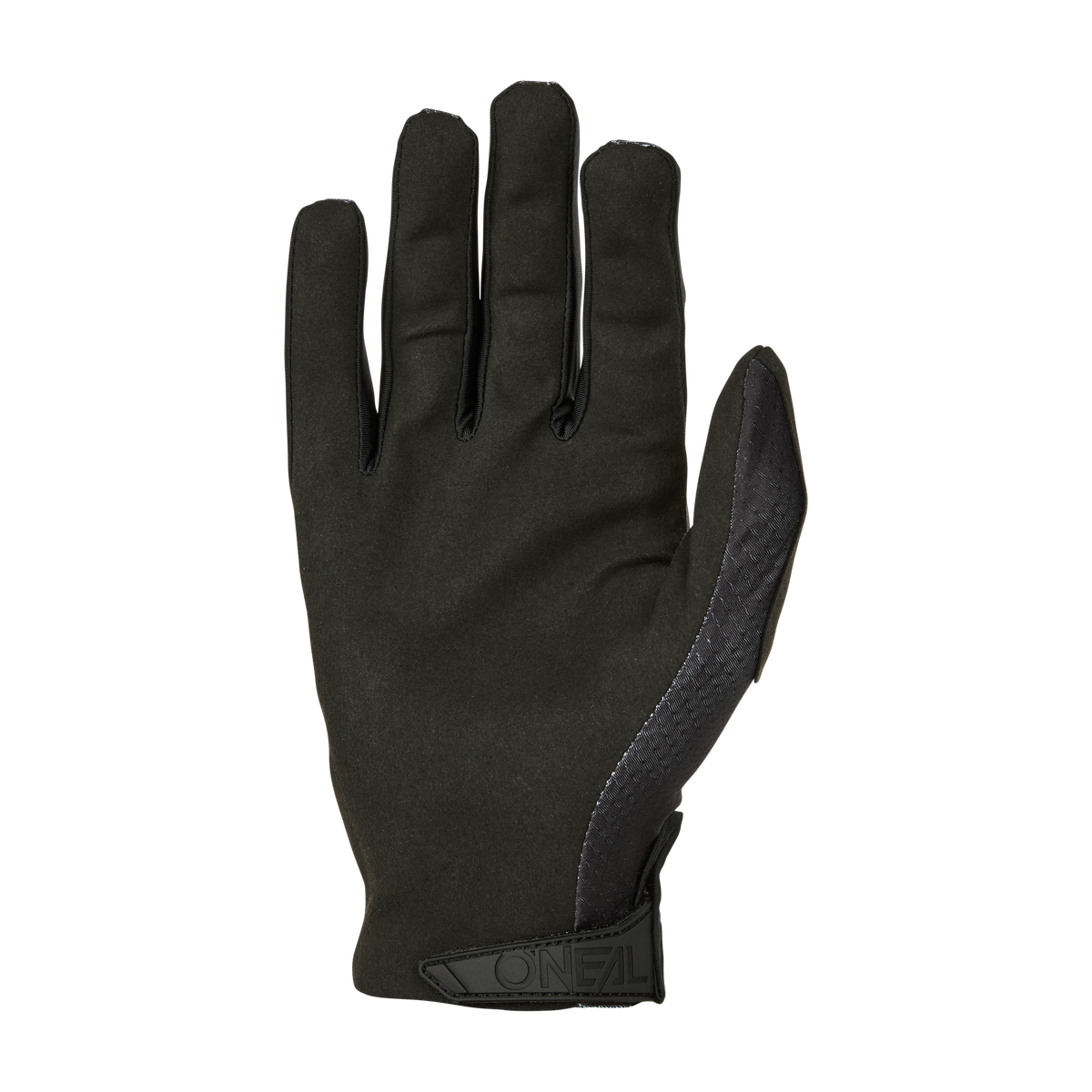 Ein einzelner schwarz-dunkelgrauer O'NEAL MATRIX Handschuh STATIC. Die Handfläche ist schwarz mit einem verstärkten dunkelgrauen Patch an der Seite. Der Handgelenkbereich ist mit einem O'Neal-Logo-Patch versehen. Dieser Handschuh der Marke O'NEAL scheint aus einem flexiblen, langlebigen Material zu bestehen, das sich ideal zum Mountainbiken eignet.