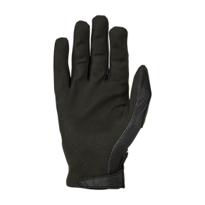 Ein einzelner schwarz-dunkelgrauer O'NEAL MATRIX Handschuh STATIC. Die Handfläche ist schwarz mit einem verstärkten dunkelgrauen Patch an der Seite. Der Handgelenkbereich ist mit einem O'Neal-Logo-Patch versehen. Dieser Handschuh der Marke O'NEAL scheint aus einem flexiblen, langlebigen Material zu bestehen, das sich ideal zum Mountainbiken eignet.
