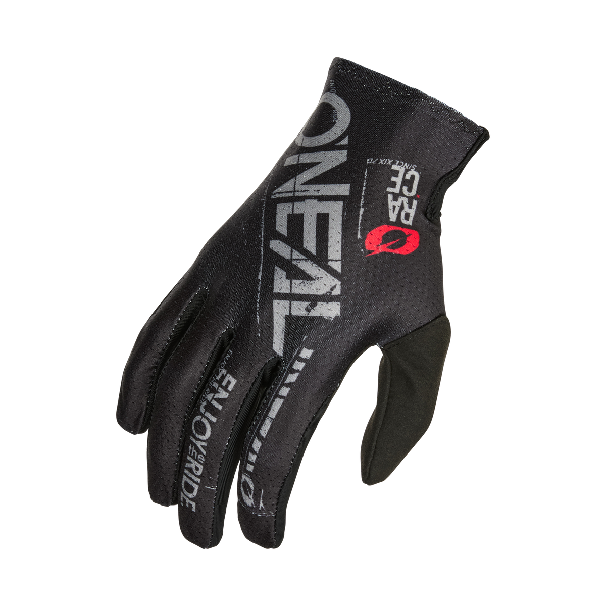 Ein einzelner schwarzer O'NEAL MATRIX Handschuh STATIC Fahrradhandschuh ist auf weißem Hintergrund abgebildet. Der Motocross-Handschuh zeigt das O'Neal-Logo in weißer Schrift mit „RACING“ darunter. Auf der Rückseite des Handschuhs befindet sich außerdem eine rote „O“-Grafik. Der O'NEAL MATRIX Handschuh STATIC hat eine strukturierte Oberfläche und ein eng anliegendes Design.