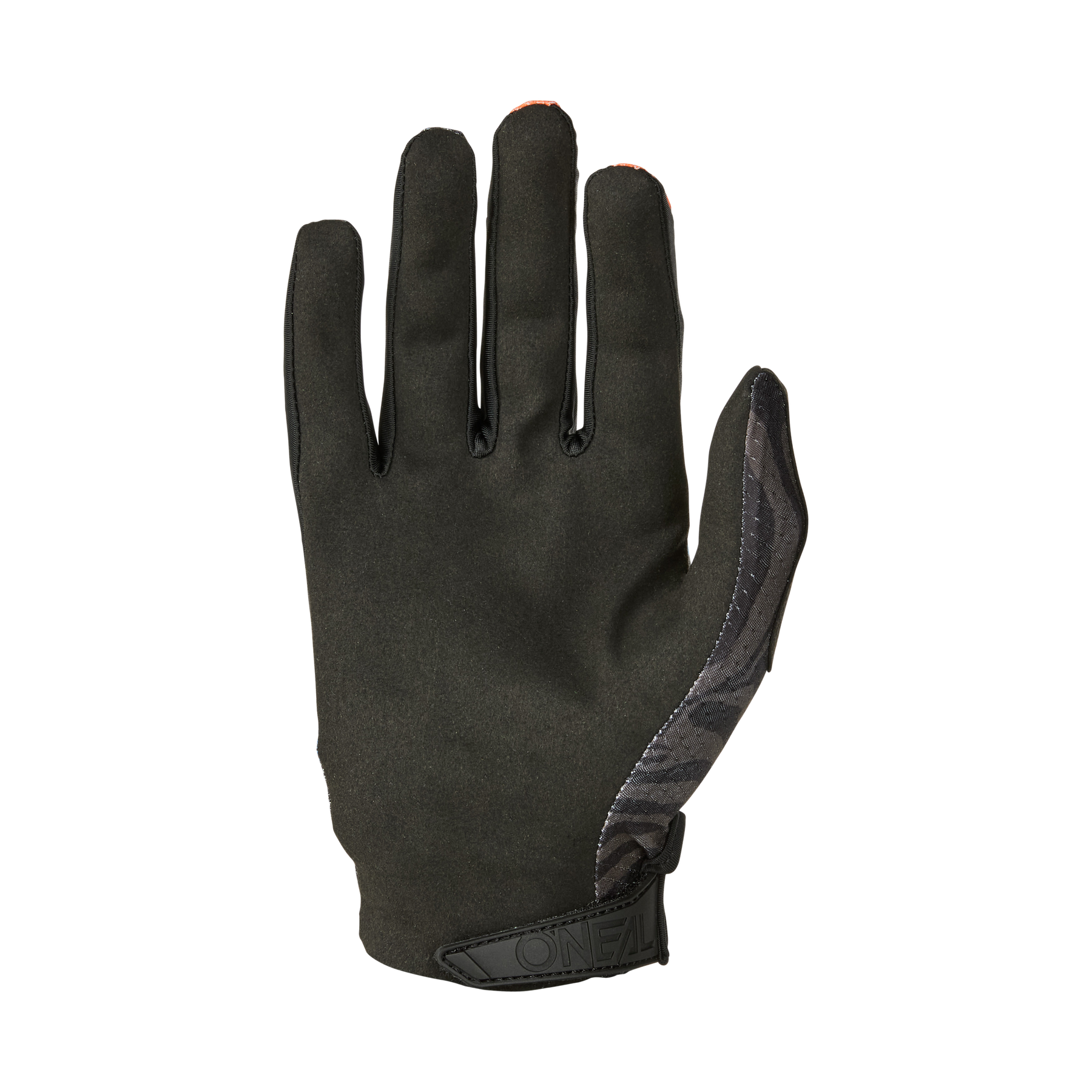 Der schwarze O'NEAL MATRIX Handschuh Kinder SHOCKER zeichnet sich durch eine glatte Textur, eine Klettschlaufe am Handgelenk und ein dezentes Camo-Muster auf der Daumenseite aus. Abgebildet mit der Handfläche nach oben.