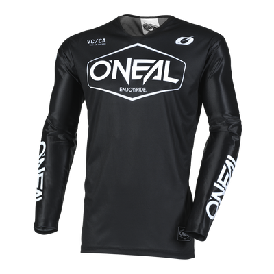 Das O'NEAL MAYHEM Jersey HEXX ist ein schwarzes Langarmtrikot mit auffälligem weißem "O'NEAL"- und "ENJOY.RIDE."-Schriftzug, Rundhalsausschnitt, taillierten Ärmelbündchen und High-Performance-Qualität für höchste Funktionalität bei jeder Fahrt.