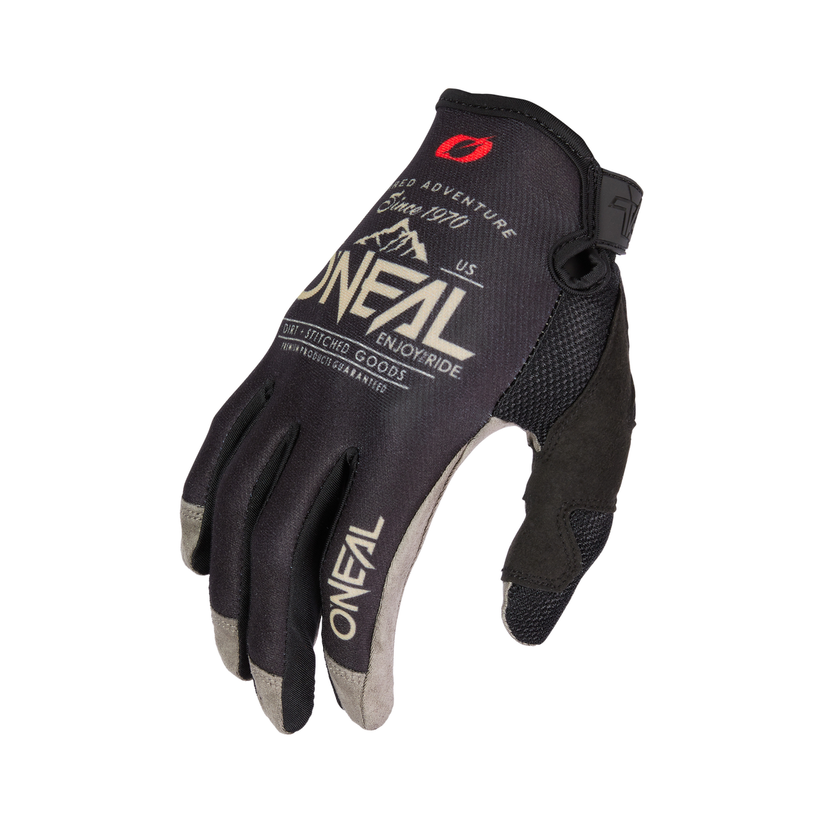 Ein O'NEAL MAYHEM Handschuh DIRT-Fahrradhandschuh in Schwarz und Grau mit dem O'NEAL-Logo und Markentext auf dem Handrücken. Dieser Mountainbike-Handschuh verfügt über einen verstellbaren Riemen und verschiedene Texturen für Griffigkeit und Flexibilität sowie eine verstärkte Polsterung an Fingern und Handfläche.