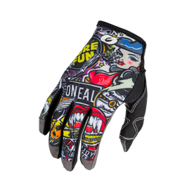 Le gant O'NEAL MAYHEM CRANK de O'NEAL est un gant de VTT coloré et résistant avec des graphismes de graffitis voyants, un visage de femme de dessin animé, des lèvres rouges ainsi que du texte et des symboles sur fond noir.