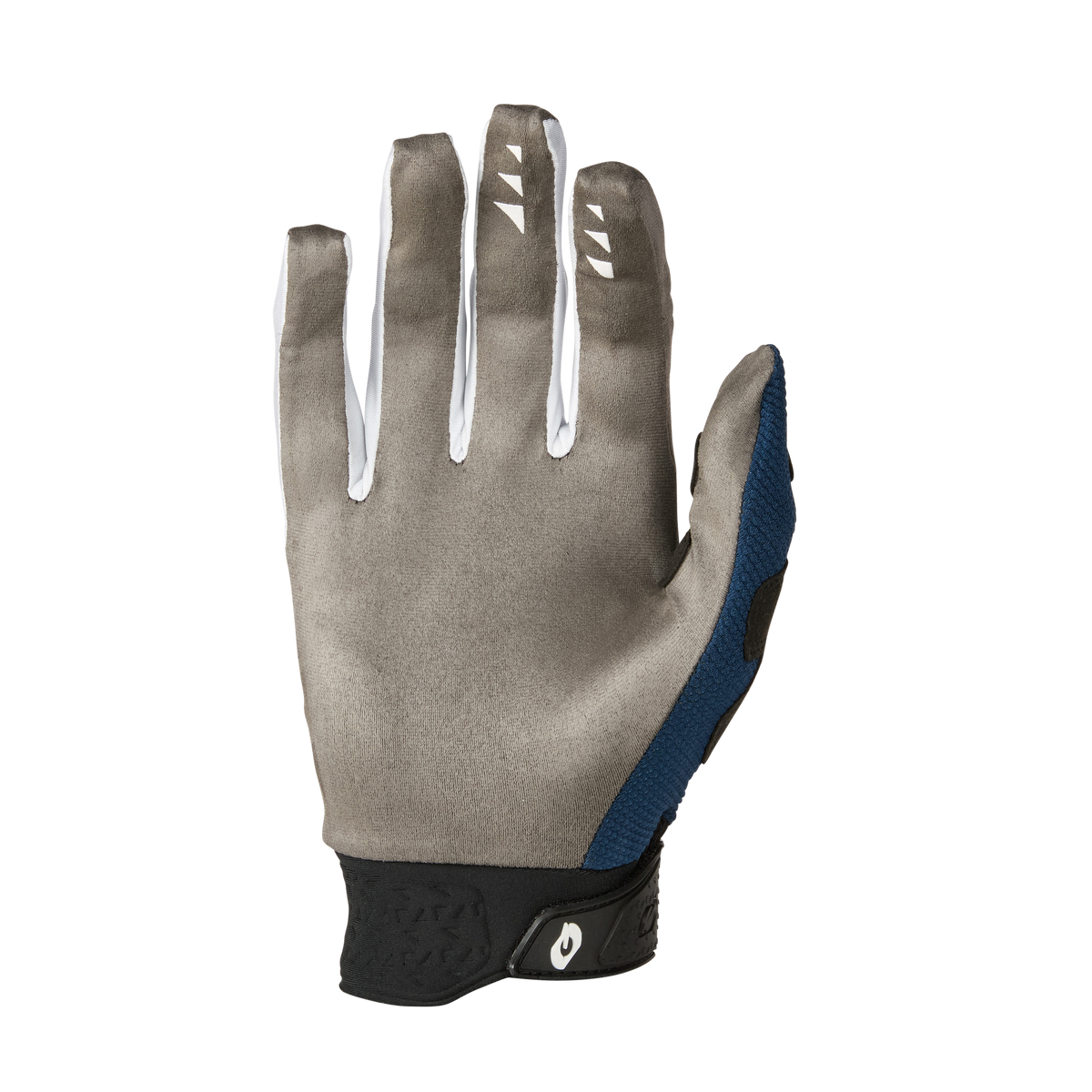 Ein einzelner grauer und blauer O'NEAL REVOLUTION Nanofront Handschuh wird mit der Handfläche nach oben gezeigt, mit weißen Fingerakzenten und einem schwarzen, verstellbaren Handgelenkband.