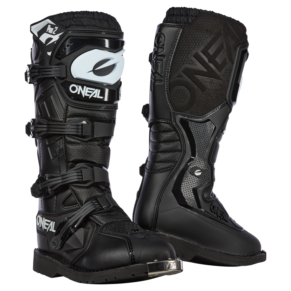 Ein Paar schwarze O'NEAL RIDER PRO 2-Stiefel von O'NEAL mit hohen Oberteilen, robusten Schnallen und verstärkten Nähten. Der linke Stiefel zeigt das Markenlogo in Weiß, während der rechte Stiefel zusätzliche Designmerkmale an der Seite für zusätzlichen Schutz aufweist.