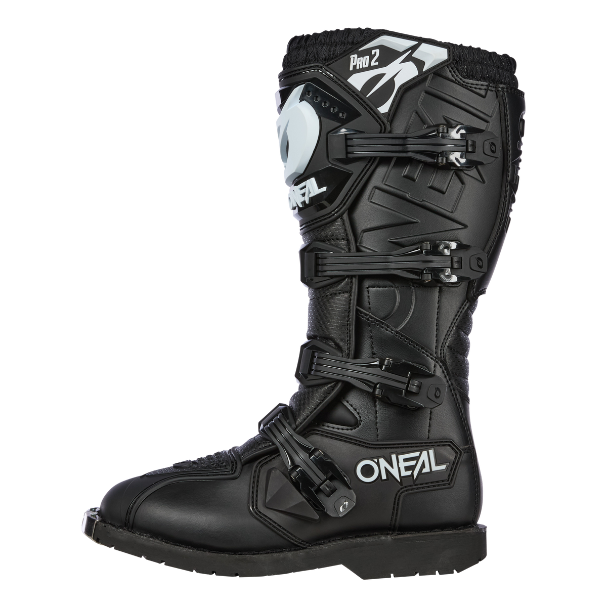 Der O'NEAL RIDER PRO 2 Boot ist ein schwarzer Motocross-Stiefel mit mehreren verstellbaren Schnallen. Er trägt den Namen „O'Neal“ und verfügt über eine Schutzpolsterung, eine robuste Sohle und ein hoch geschnittenes Design zum Schutz von Knöchel und Schienbein. Das Logo „Pro 2“ ist oben gut sichtbar angebracht.