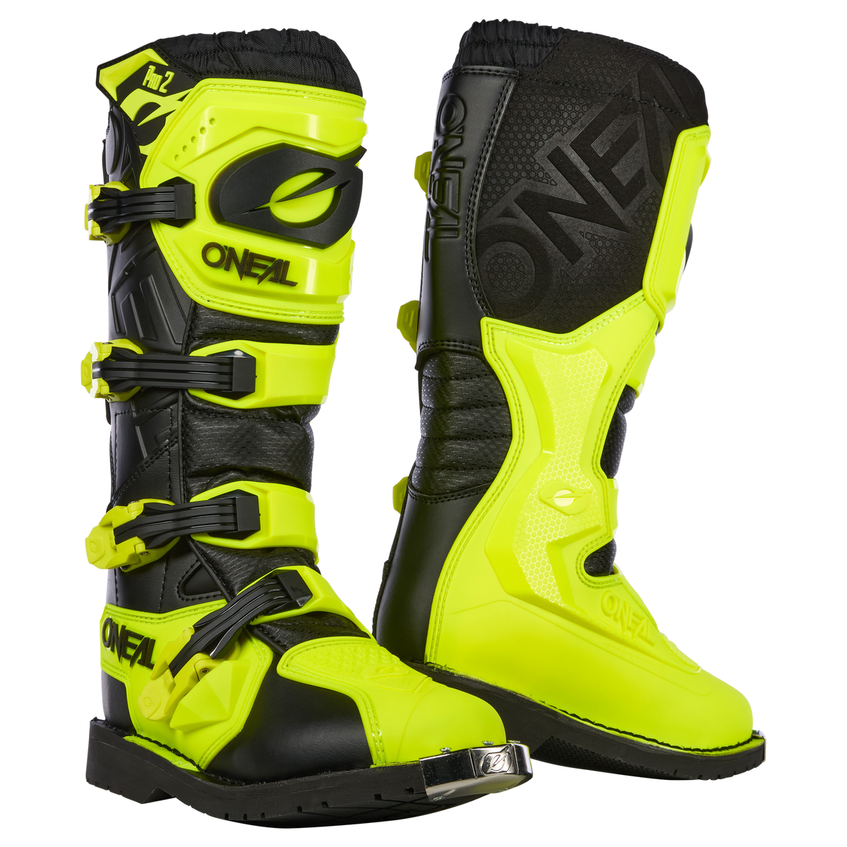 Wir präsentieren den O'NEAL RIDER PRO 2 Boot, ein Paar leuchtend gelbe und schwarze Motocross-Stiefel für das Fahren im Gelände. Diese robusten Stiefel verfügen über mehrere verstellbare Schnallen für einen sicheren Sitz, verstärkte Sohlen und eine verbesserte Knöchelunterstützung. Mit dem stolz zur Schau getragenen Markennamen „O'Neal“ sind diese Stiefel perfekt für jeden Motocross-Enthusiasten, der Wert auf Haltbarkeit und Stil legt.