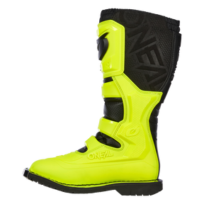 Der O'NEAL RIDER PRO 2 Boot, ein gut sichtbarer gelb-schwarzer Motocross-Stiefel, verfügt über mehrere Schnallen zur sicheren Befestigung, eine robuste Polsterung zum Schutz und eine strukturierte Gummisohle für Halt. Dieser Stiefel ist mit dem O'NEAL-Logo versehen und bietet eine Kombination aus matten und glänzenden Oberflächen.