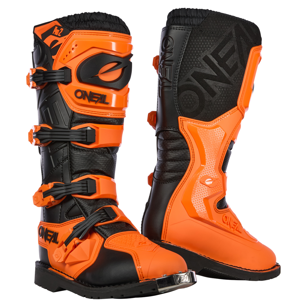 Ein Paar schwarze und leuchtend orangefarbene Motocross-Stiefel mit der Marke „O'NEAL Rider Pro 2“. Diese O'NEAL-Stiefel verfügen über mehrere verstellbare Schnallen und einen robusten Schutz an Zehen, Knöcheln und Waden. Sie haben ein hoch geschnittenes Design mit verstärkten Schienbeinschützern und aufwendigen Details, perfekt für ernsthafte Fahrer.