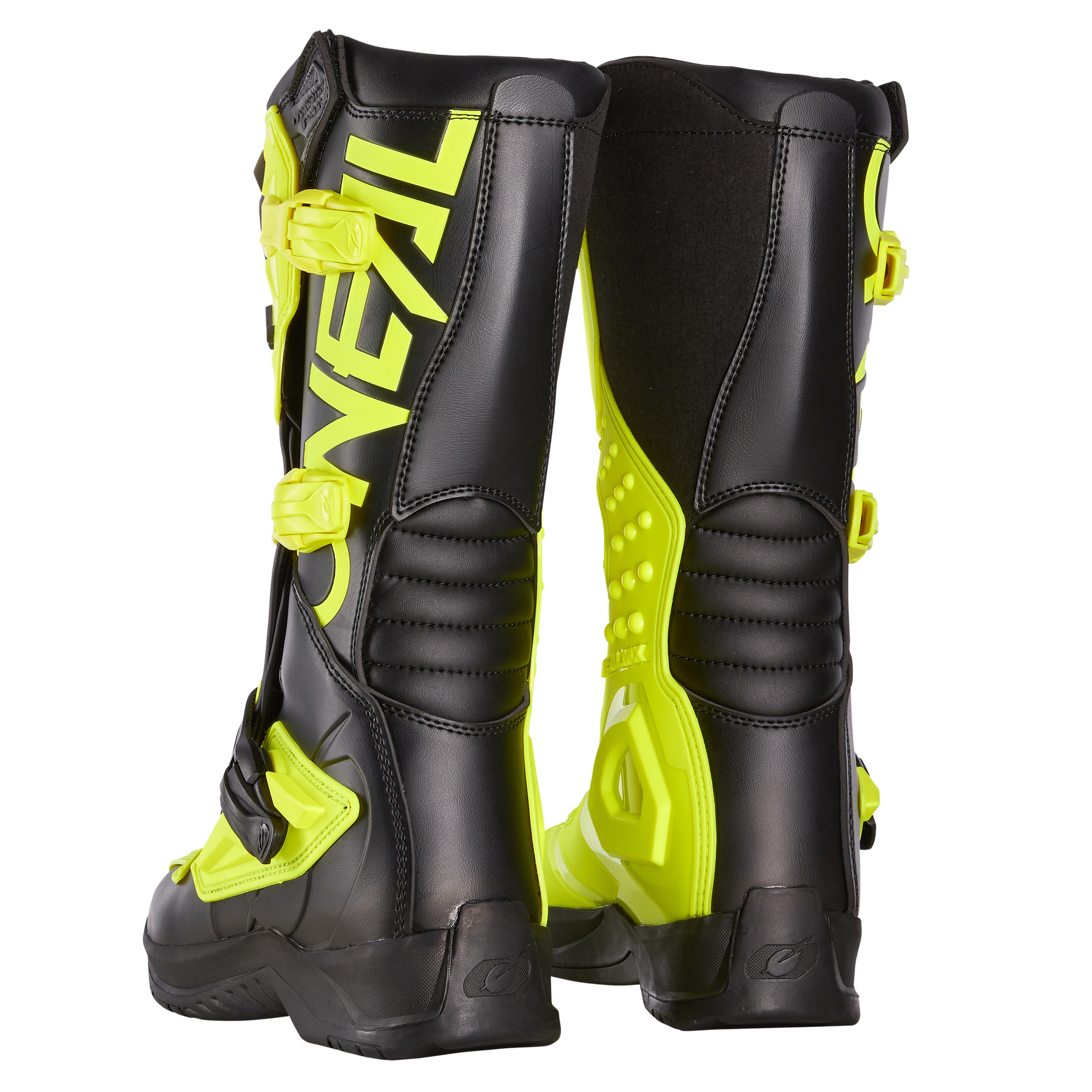 Die von hinten und von der Seite gezeigten schwarz-neongelben O'NEAL RSX Stiefel verfügen über das ONEAL"-Branding, mehrere Schnallen und verstärkte Fersen- und Schienbeinbereiche für besseren Schutz.