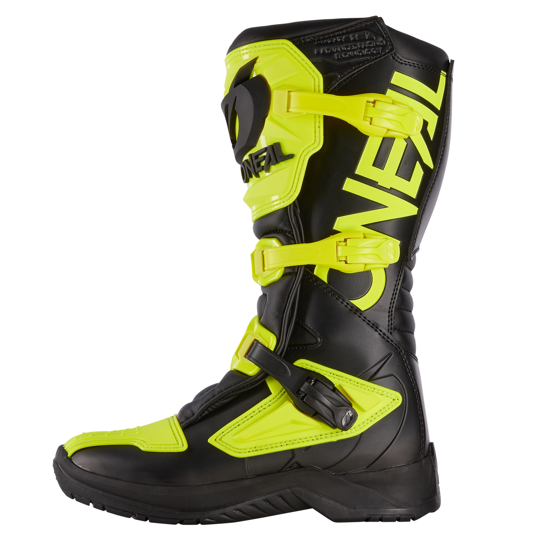 Der O'NEAL RSX Stiefel ist ein schwarzer und neongelber Motocross-Stiefel mit zwei verstellbaren Schnallen und dem markanten O'NEAL-Logo an der Seite, der für robuste Haltbarkeit im Gelände entwickelt wurde.