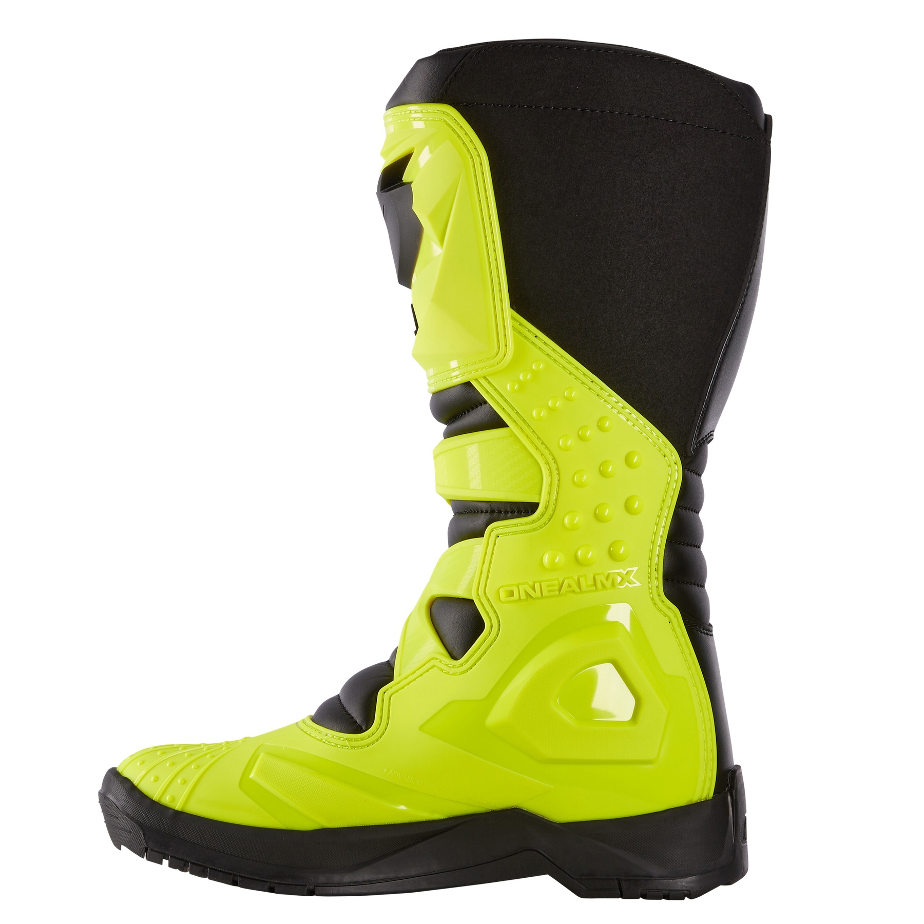 Ein einzelner, robuster O'NEAL RSX Stiefel in Neongelb mit schwarzer Sohle und Ferse, mit geformten Schutzplatten und dem O'NEAL Branding an der Seite.