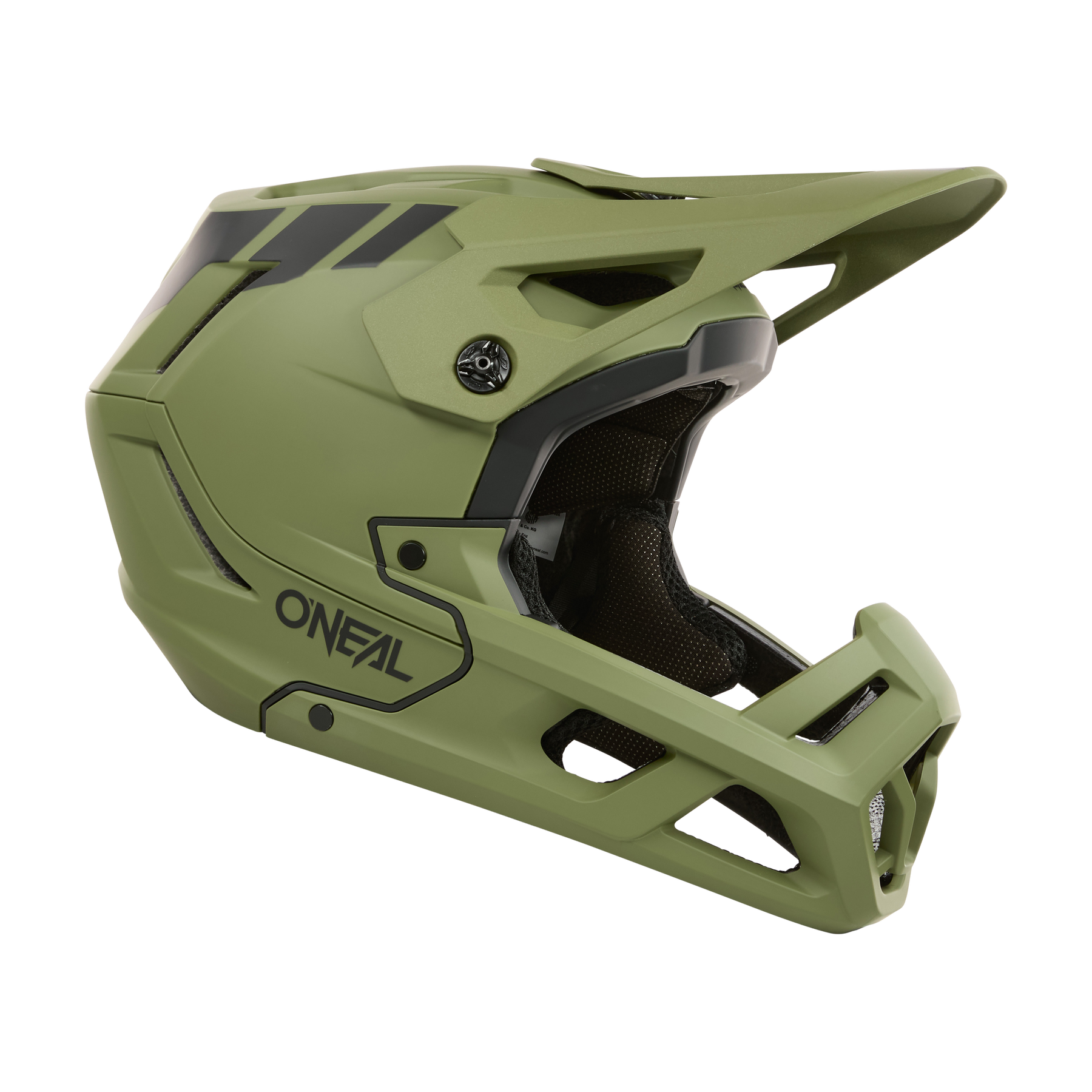 Der O'NEAL SL1 Helmet CREST ist ein mattgrüner Integralhelm mit schwarzen Akzenten, Visier, großen Belüftungsöffnungen und Kinnschutz - perfekt für Mountainbiking oder Motocross und bietet optimale Sicherheit bei jeder Fahrt.