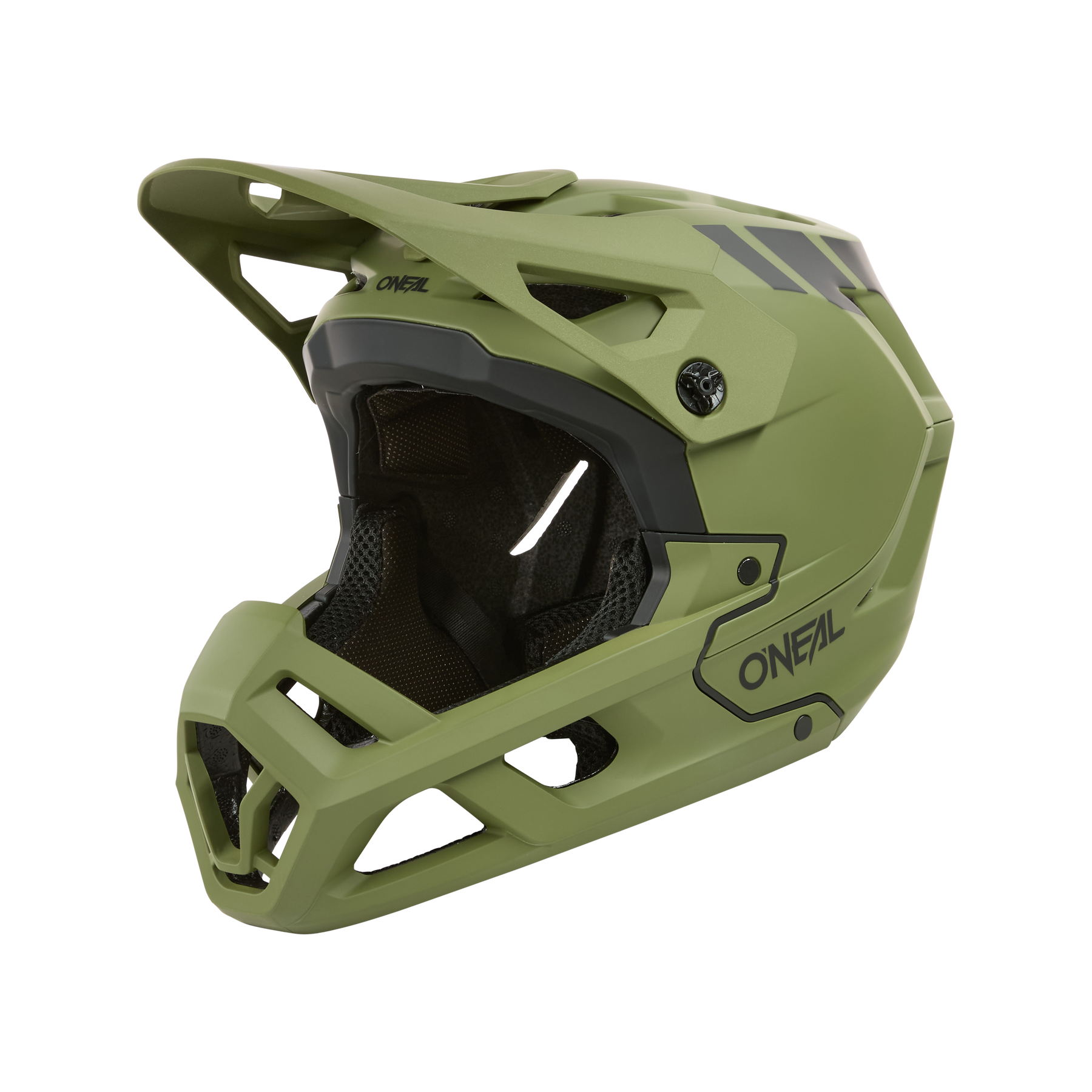 Der O'NEAL SL1 Helmet CREST ist ein mattgrüner Fullface-Mountainbike-Helm mit schwarzem Visier und Kinnschutz, seitlichem "ONEAL"-Logo und Belüftungsöffnungen - die perfekte Ausrüstung für optimalen Schutz auf dem Trail.