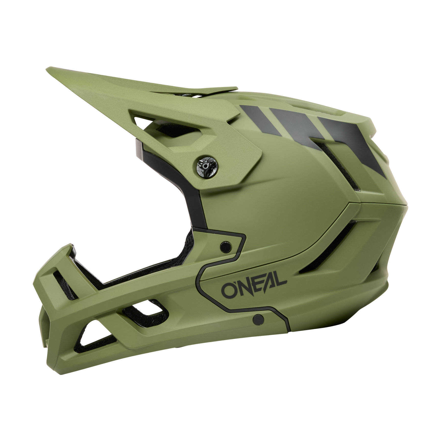 Der O'NEAL SL1 Helmet CREST ist ein matt olivgrüner Fullface-Mountainbike-Helm mit schwarzen Akzenten, einem auffälligen O'NEAL-Logo, einem großen Visier und kantigen Belüftungsöffnungen für optimalen Schutz bei anspruchsvollen Fahrten.