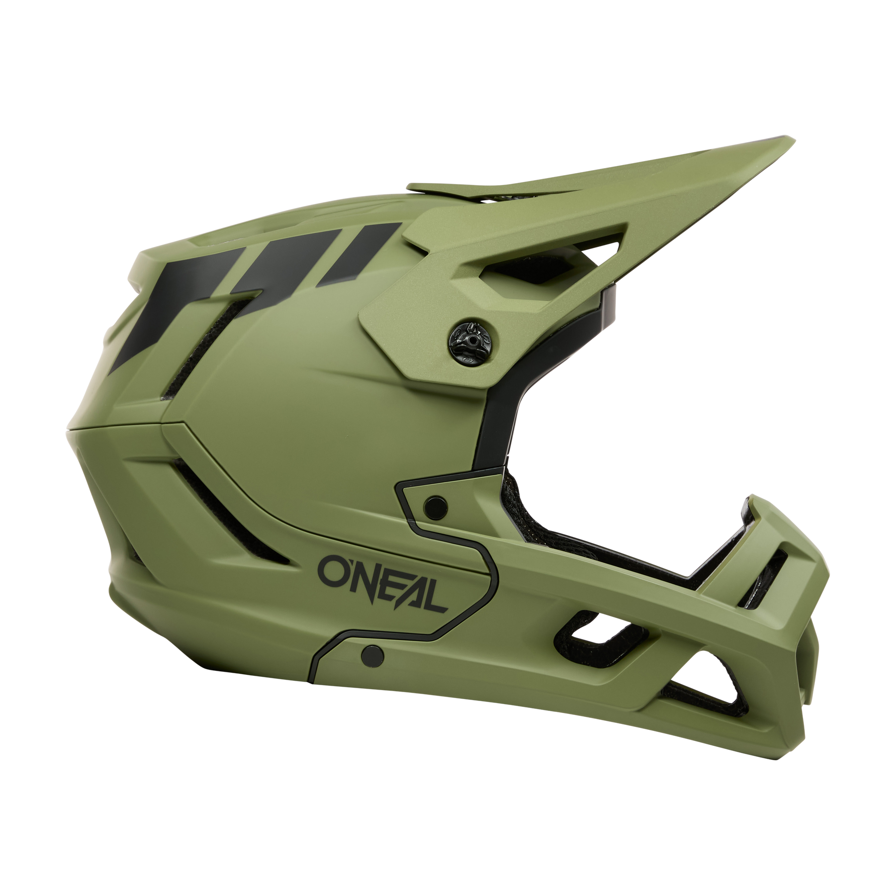 Der O'NEAL SL1 Helm CREST zeichnet sich durch ein mattgrünes Vollgesichtsdesign mit schwarzen, eckigen Streifen, einem ausgeprägten Visier und einem seitlichen O'NEAL-Logo aus. Er ist im Profil auf weißem Hintergrund abgebildet und bietet optimalen Schutz als unverzichtbare Fahrradausrüstung.