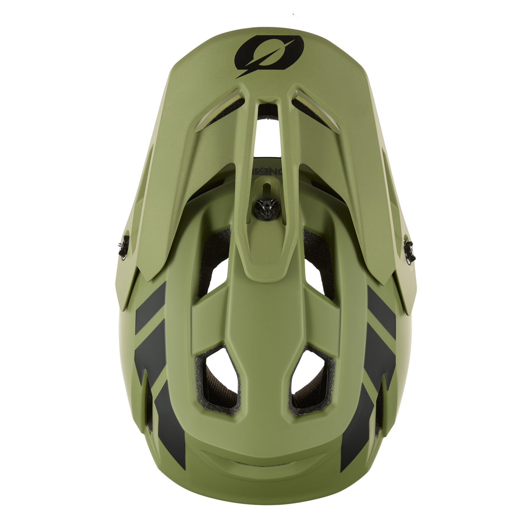 Ein grüner O'NEAL SL1 Helm CREST, von vorne gesehen, mit schwarzen geometrischen Akzenten, großen Belüftungsöffnungen und einem unverwechselbaren Logo auf der oberen vorderen Mitte für optimalen Schutz und Ausrüstung.