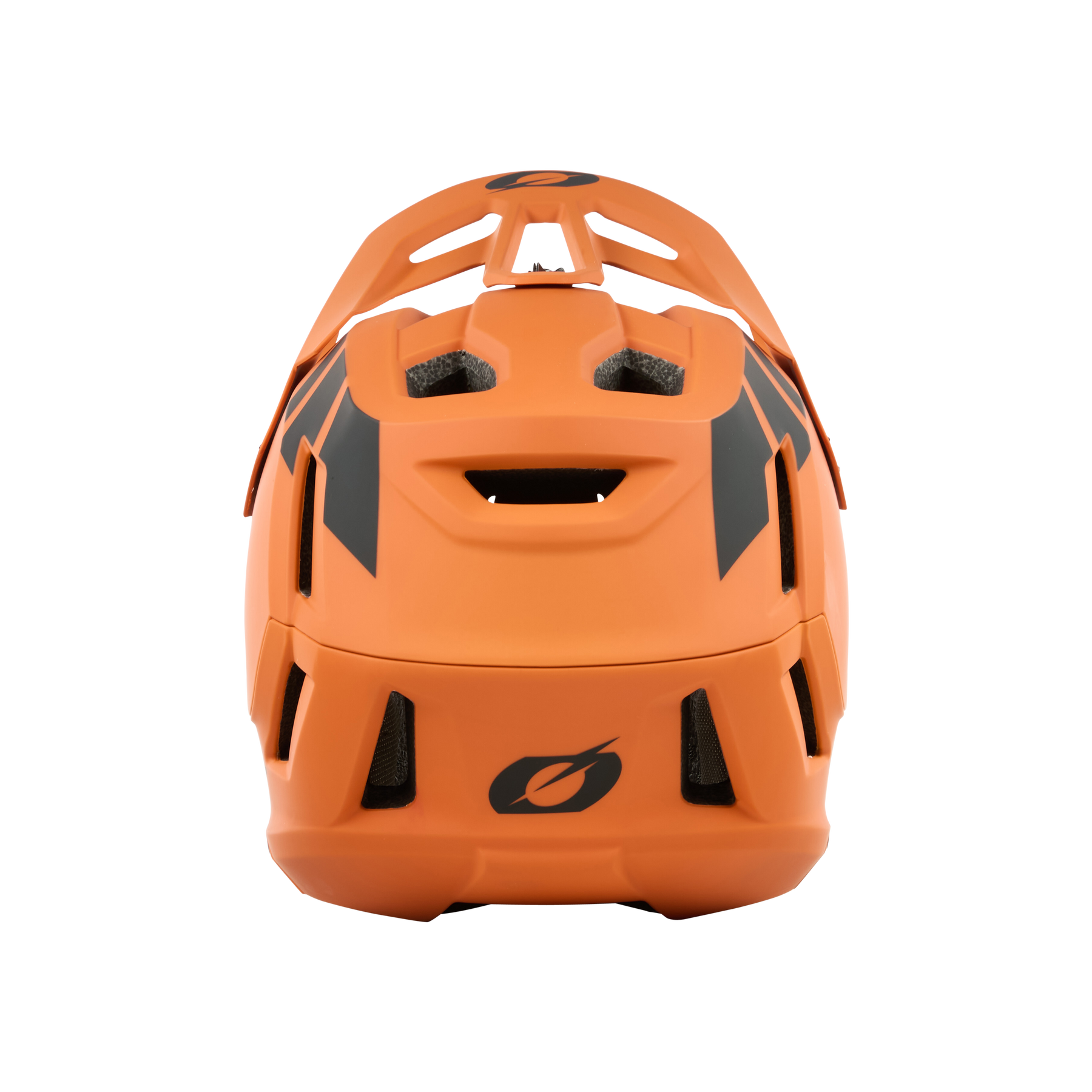 Rückansicht des orangefarbenen O'NEAL SL1 Helms CREST mit schwarzen Akzenten und zahlreichen Belüftungsöffnungen, die für optimalen Schutz und Komfort sorgen.