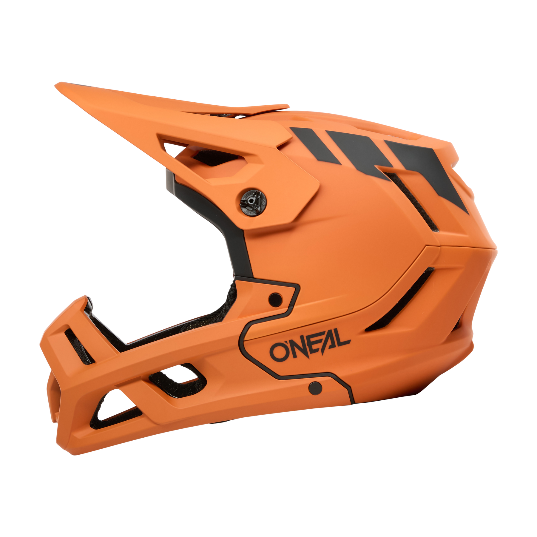 Seitenansicht des orangefarbenen O'NEAL SL1 Helmet CREST, ein Fullface-Mountainbike-Helm mit schwarzen Akzenten, großem Visier und Kinnschutz für optimalen Schutz als Teil Ihrer Ausrüstung.
