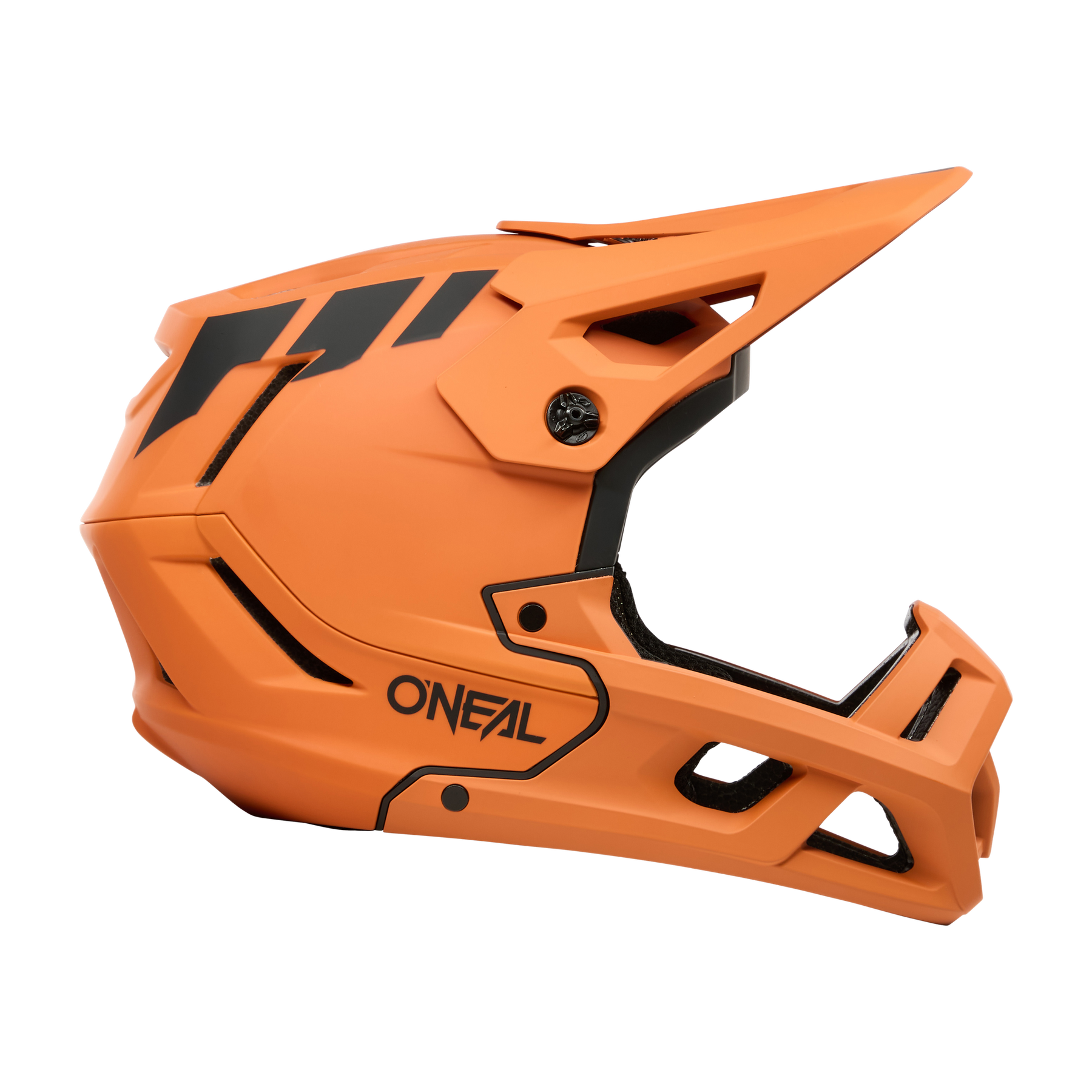 Der O'NEAL SL1 Helmet CREST ist ein leuchtend orangefarbener Fullface-Mountainbike-Helm mit schwarzen geometrischen Akzenten, kantigen Belüftungsöffnungen, einem markanten Visier und dem O'NEAL-Logo an der Seite - konzipiert für optimalen Schutz bei jeder Fahrt.