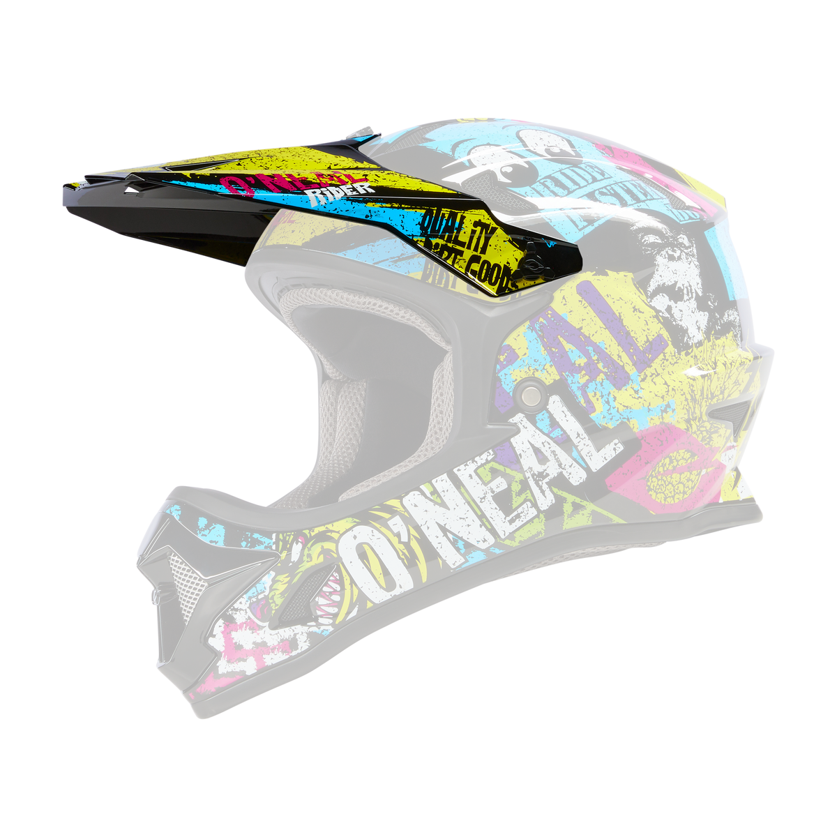 Der O'NEAL Visor SONUS Youth Helmet RIOT hat eine schwarze Basis mit auffälligen gelben, blauen, pinken und weißen Graffiti-Grafiken und "O'NEAL" an der Seite.