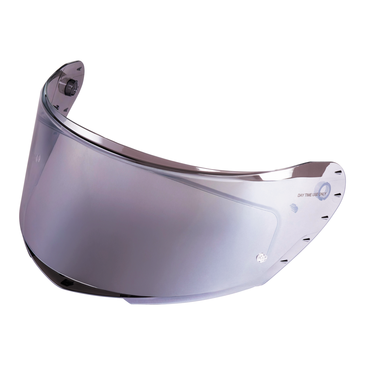 Das O'NEAL CHALLENGER Helmet Replacement Shield ist ein klares, gewölbtes Visier mit seitlichen Befestigungslöchern, das Licht reflektiert und auf der rechten Seite in kleiner blauer Schrift "DAY TIME USE ONLY" anzeigt.