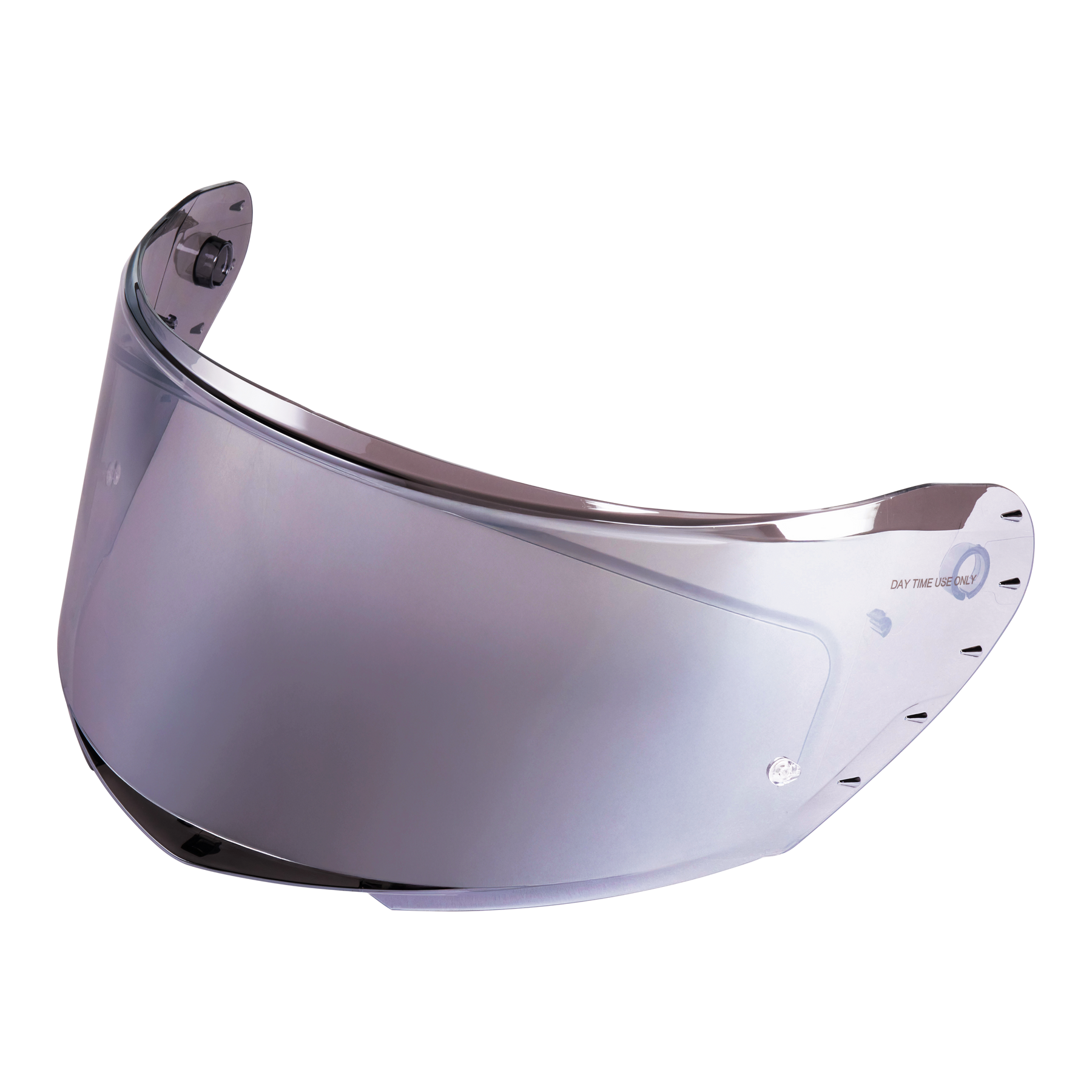 Das O'NEAL CHALLENGER Helmet Replacement Shield ist ein klares, gewölbtes Visier mit seitlichen Befestigungslöchern, das Licht reflektiert und auf der rechten Seite in kleiner blauer Schrift "DAY TIME USE ONLY" anzeigt.