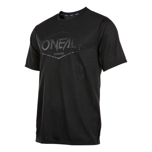 Das für das Mountainbiken konzipierte O'NEAL VAULT Jersey ist ein schwarzes T-Shirt mit dem O'NEAL-Logo in glänzender Ausführung. Es hat kurze Ärmel und einen runden Ausschnitt und kombiniert Stil mit Atmungsaktivität.