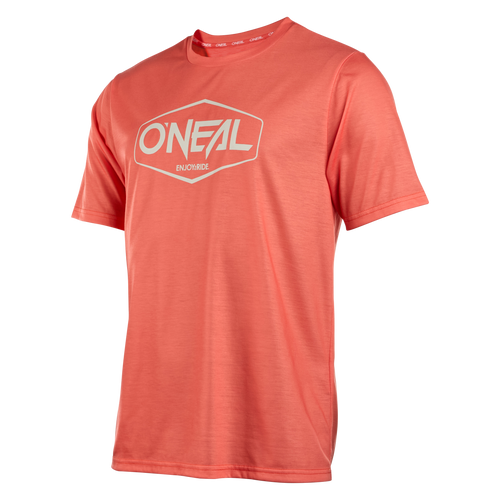 Das O'NEAL VAULT Jersey ist ein rotfarbenes, kurzärmliges Mountainbike-Trikot mit dem O'Neal-Logo auf der Brust. Es zeichnet sich durch ein atmungsaktives Gewebe, einen Rundhalsausschnitt und eine lässige Passform auf einem schlichten weißen Hintergrund aus.