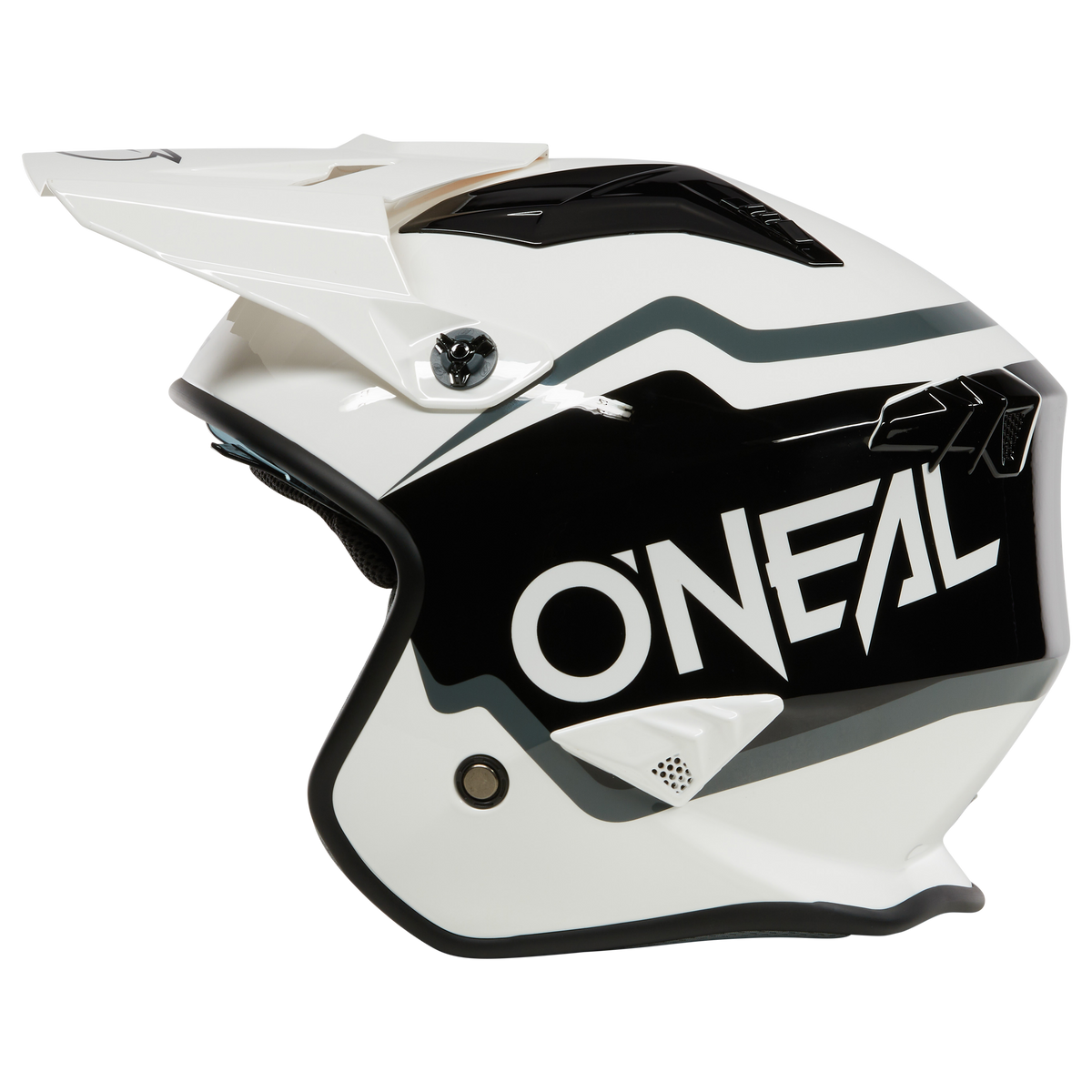 Seitenansicht eines weißen Motorradhelms O'NEAL VOLT Helm CORP von O'NEAL mit schwarzen und grauen Akzenten für den Offroad-Einsatz. Der Helm verfügt über große Belüftungsöffnungen, ein ausgeprägtes Visier und das prominent an der Seite angebrachte O'Neal-Logo, um sowohl Stil als auch Sicherheit zu gewährleisten.