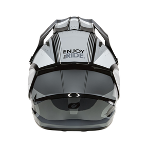 Frontansicht des O'NEAL 1SRS Helmet RC von O'NEAL mit einem eleganten schwarz-weißen Design mit "ENJOY the RIDE." auf der Stirn und einem getönten, reflektierenden Gesichtsschutzschild.