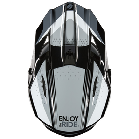 Der O'NEAL 1SRS Helmet RC von O'NEAL ist von oben in schwarz-weiß mit geometrischen Mustern und dem Schriftzug "ENJOY the RIDE" auf der Vorderseite abgebildet.