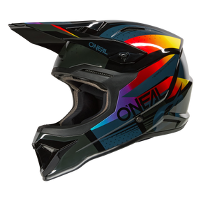 Der O'NEAL 1SRS Jugendhelm RC verfügt über ein aerodynamisches Vollgesichtsdesign mit schwarzer Basis und auffälligen geometrischen Mustern in Rot, Orange, Lila und Blau.