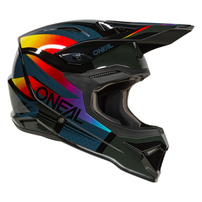 Der O'NEAL 1SRS Youth Helmet RC ist ein schwarzer Motocross-Helm mit glänzender Oberfläche, leuchtend roten, gelben und blauen geometrischen Mustern und einem auffälligen O'NEAL-Branding an der Seite und am Visier.