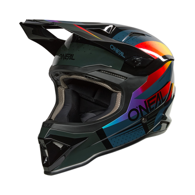 Der O'NEAL 1SRS Helmet RC ist ein Fullface-Motocross-Helm in schwarz/multi, mit auffälligen geometrischen Mustern und dem O'NEAL-Logo an der Seite.